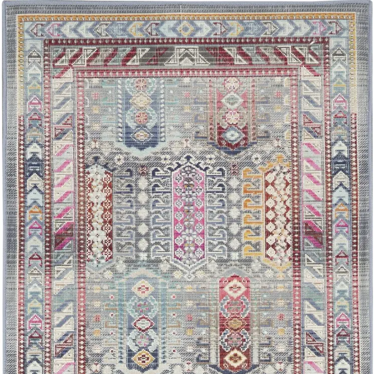 6' Ivory Gray And Red Floral Distressed Runner Rug