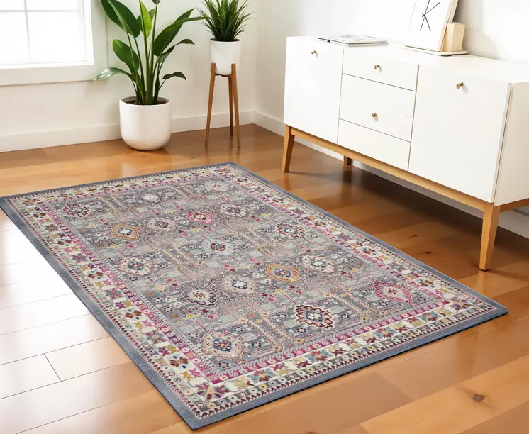 4' X 6' Ivory Pink And Gray Floral Distressed Area Rug