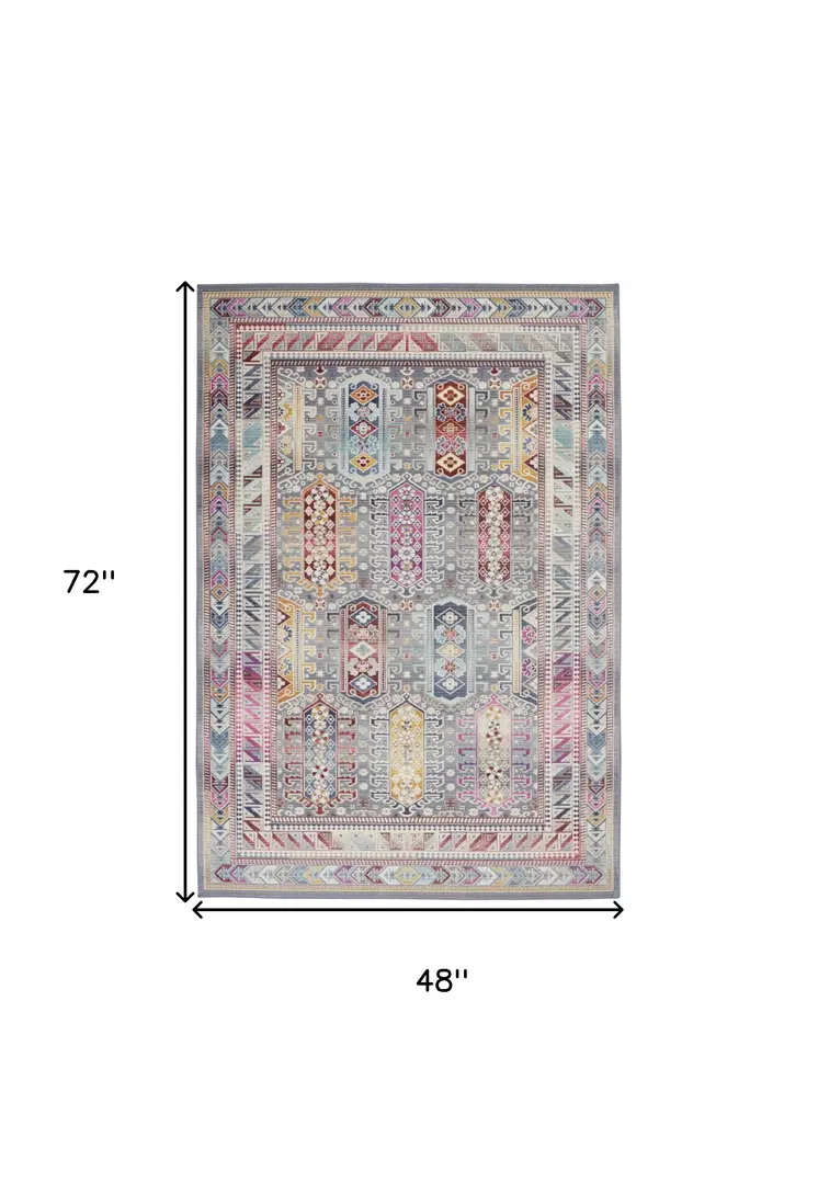 4' X 6' Ivory Gray And Red Floral Distressed Area Rug
