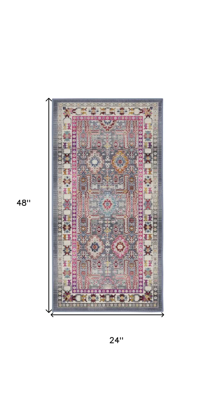 2' X 4' Ivory Pink And Gray Floral Distressed Area Rug