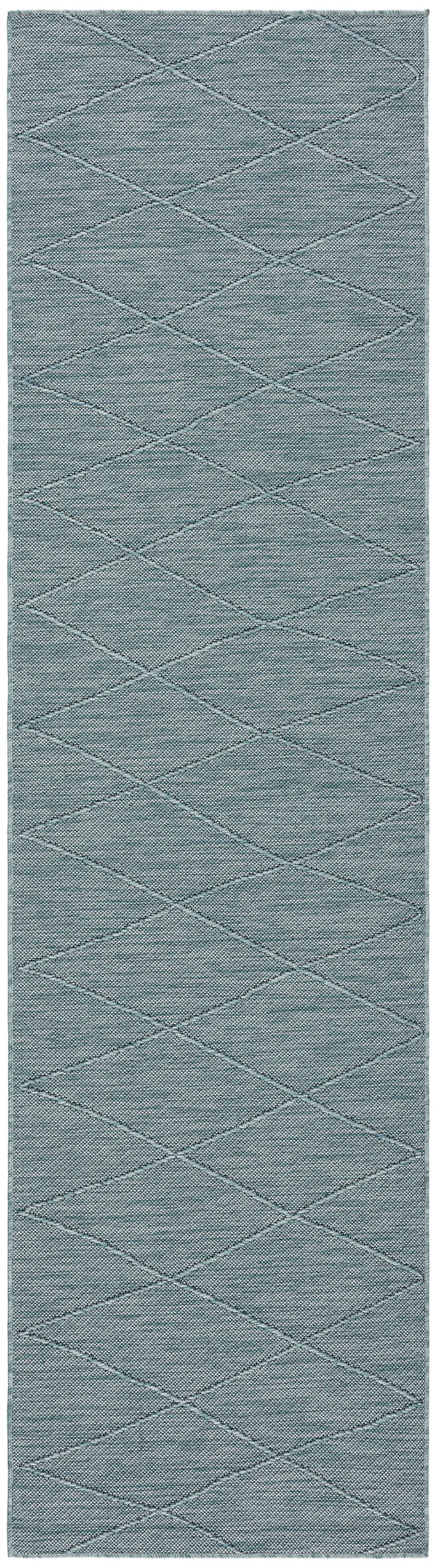 8' Aqua And Ivory Geometric Indoor Outdoor Runner Rug