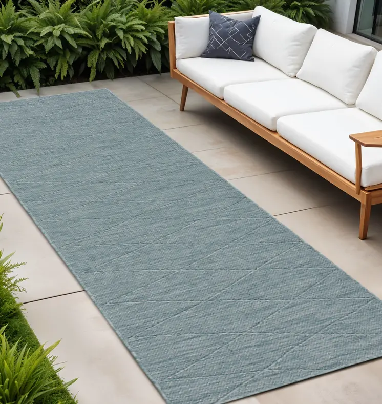 8' Aqua And Ivory Geometric Indoor Outdoor Runner Rug