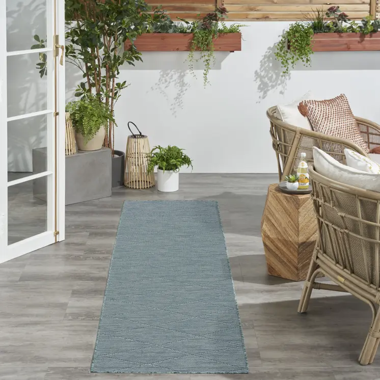 8' Aqua And Ivory Geometric Indoor Outdoor Runner Rug