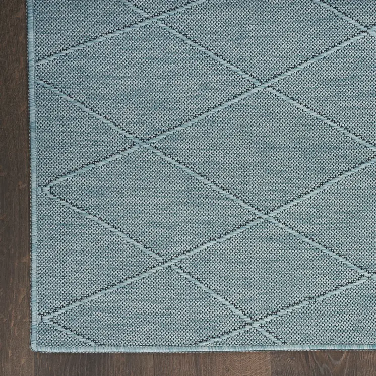 8' Aqua And Ivory Geometric Indoor Outdoor Runner Rug