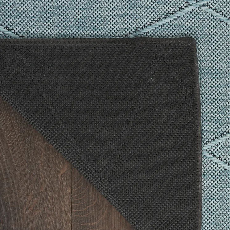 8' Aqua And Ivory Geometric Indoor Outdoor Runner Rug