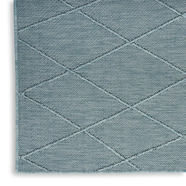 8' Aqua And Ivory Geometric Indoor Outdoor Runner Rug