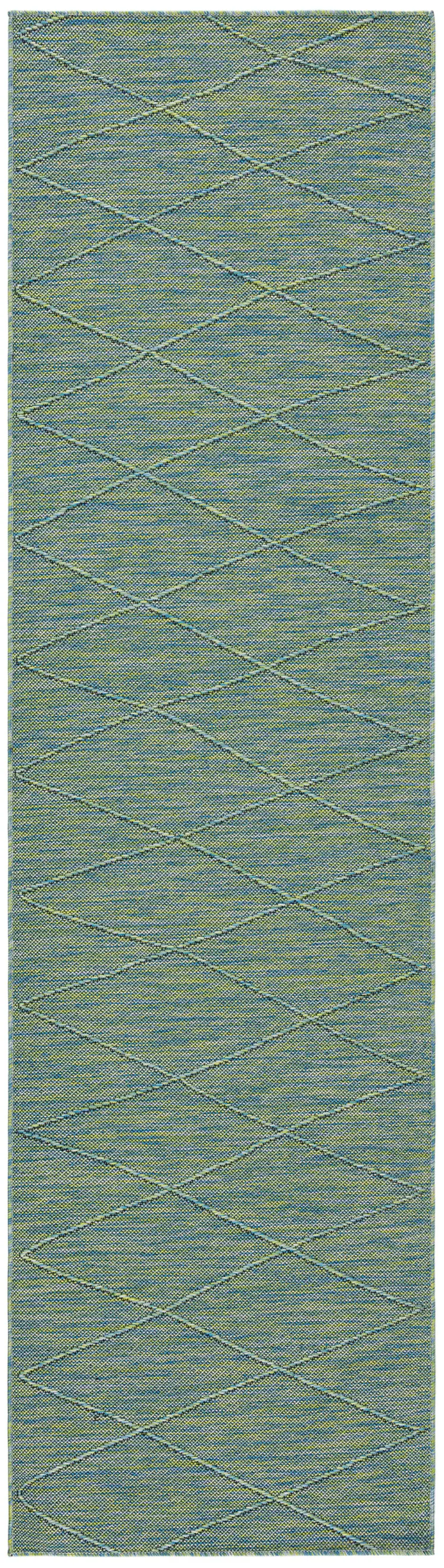 8' Blue And Green Geometric Indoor Outdoor Runner Rug