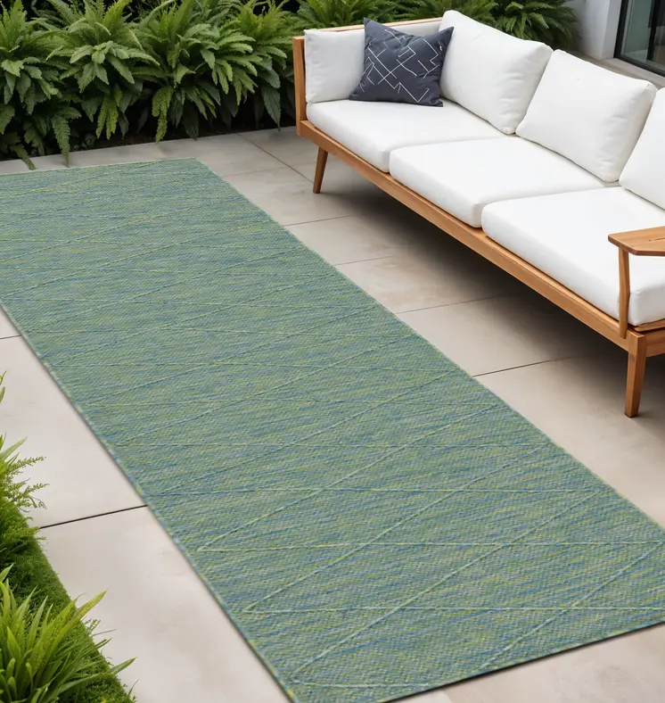 8' Blue And Green Geometric Indoor Outdoor Runner Rug