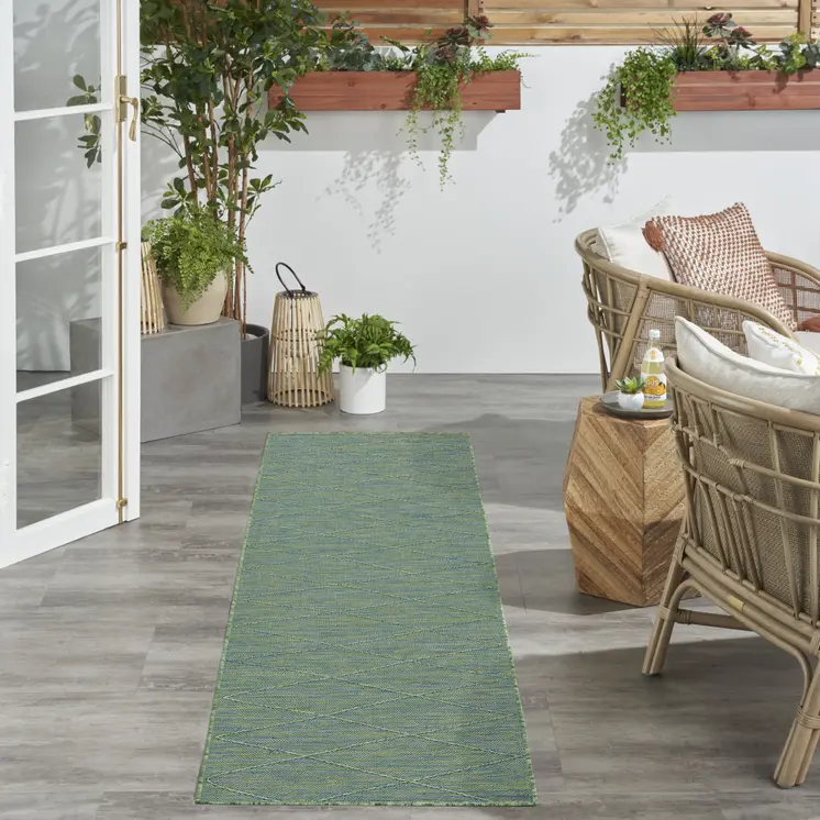 8' Blue And Green Geometric Indoor Outdoor Runner Rug