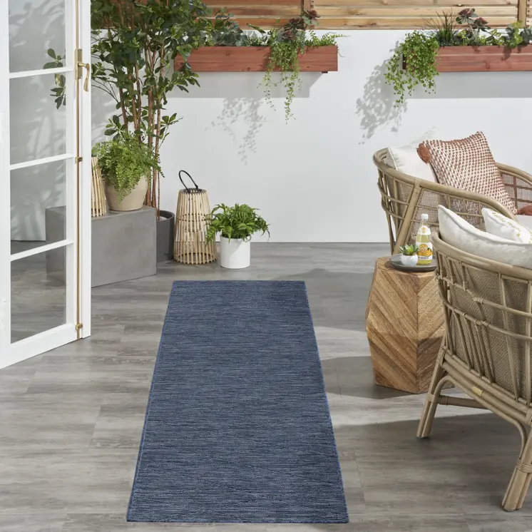 8' Navy Blue And Ivory Geometric Indoor Outdoor Runner Rug