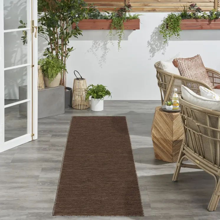 8' Dark Brown And Brown Geometric Indoor Outdoor Runner Rug