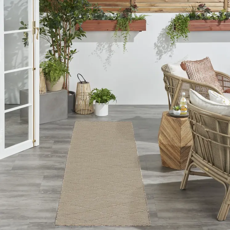 8' Natural And Light Brown Geometric Indoor Outdoor Runner Rug