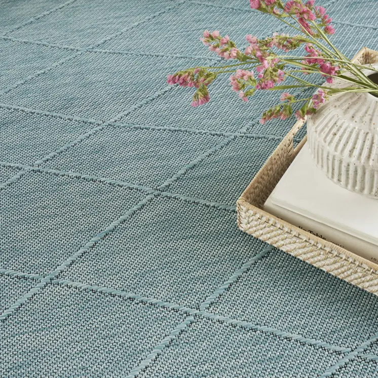 4' X 6' Aqua And Ivory Geometric Indoor Outdoor Area Rug