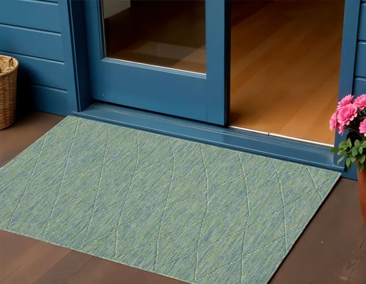 3' X 5' Blue And Green Geometric Indoor Outdoor Area Rug