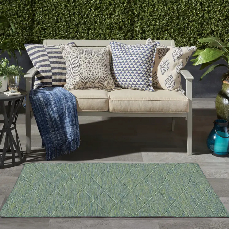 3' X 5' Blue And Green Geometric Indoor Outdoor Area Rug