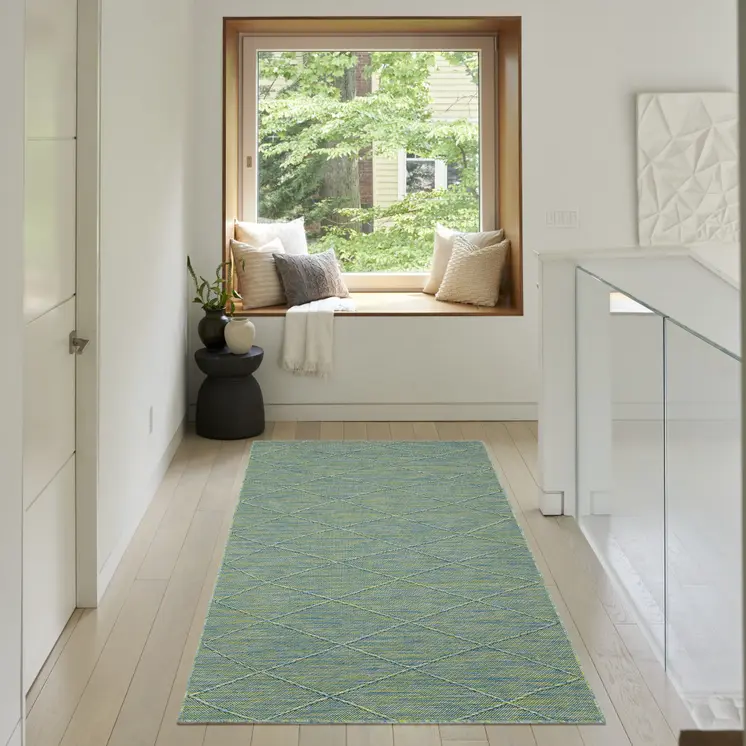 3' X 5' Blue And Green Geometric Indoor Outdoor Area Rug
