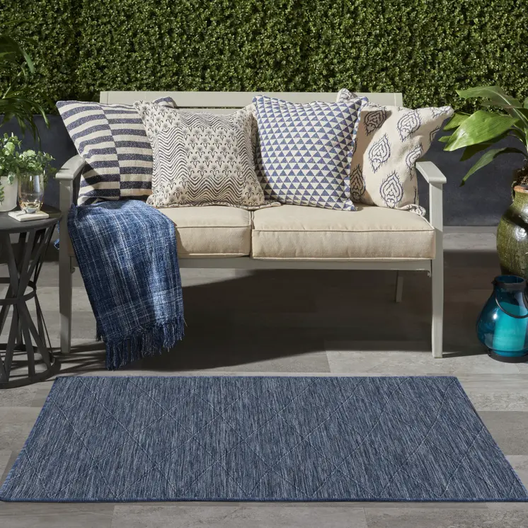 3' X 5' Navy Blue And Ivory Geometric Indoor Outdoor Area Rug