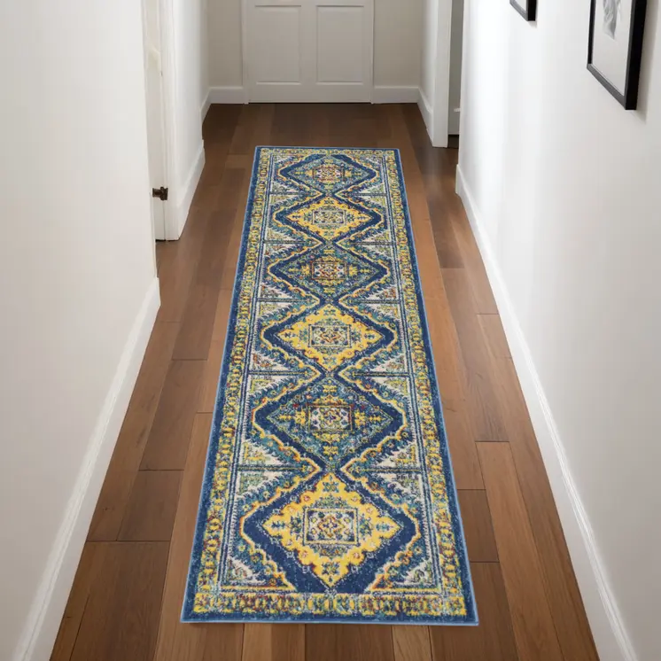 8' Blue Geometric Runner Rug