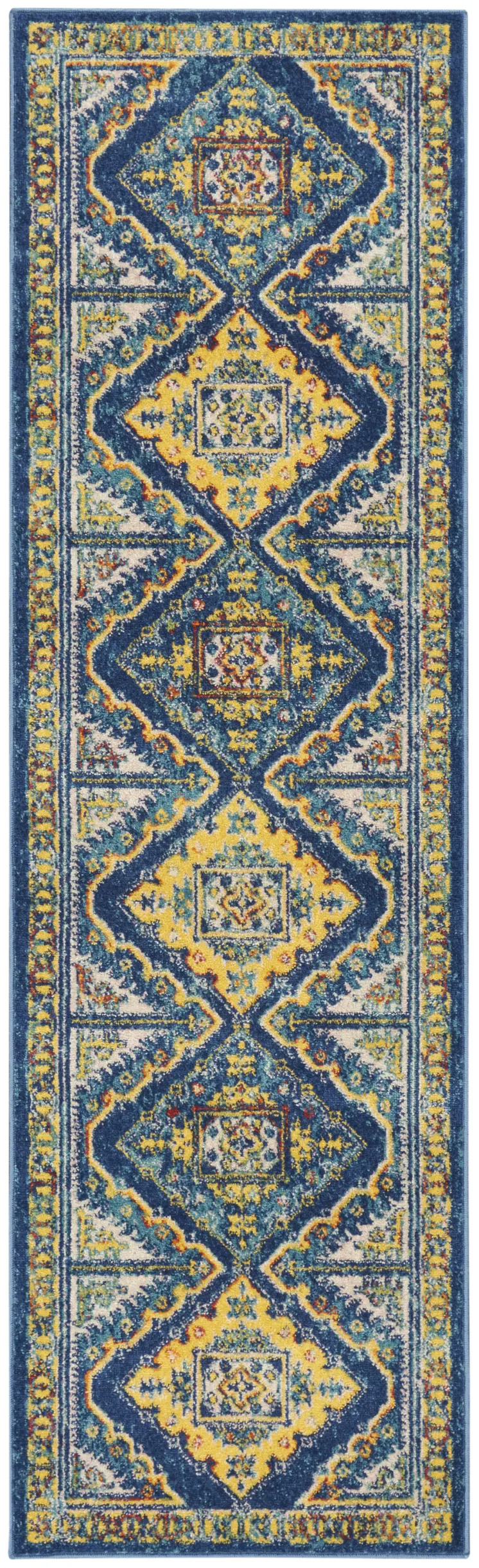 8' Blue And Yellow Oriental Runner Rug