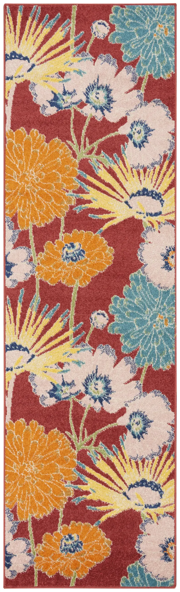 8' Orange And Red Floral Runner Rug
