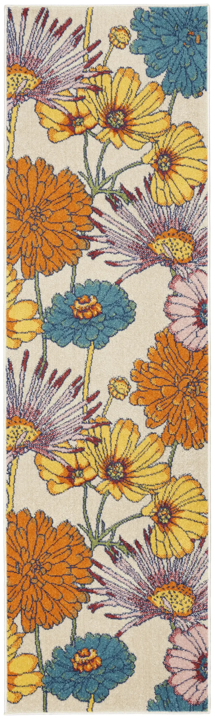 8' Cream Floral Runner Rug