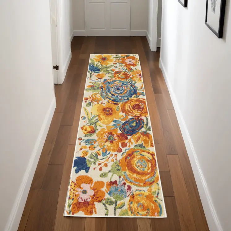 8' Cream Floral Runner Rug