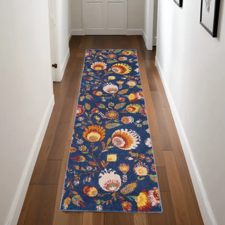 8' Orange And Red Floral Runner Rug