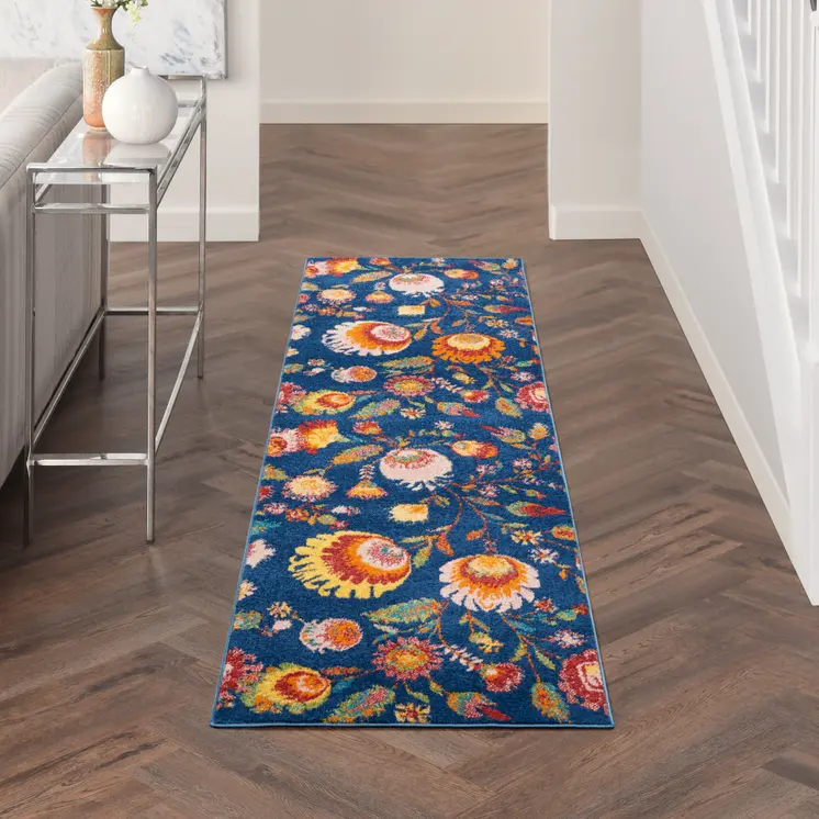 8' Orange Red And Blue Floral Runner Rug
