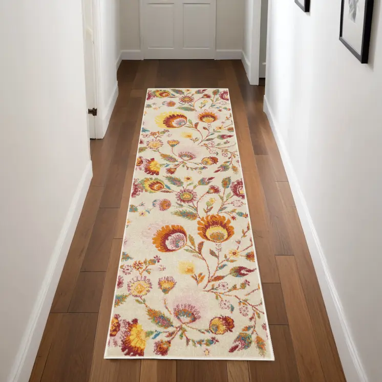 8' Orange And Ivory Floral Runner Rug