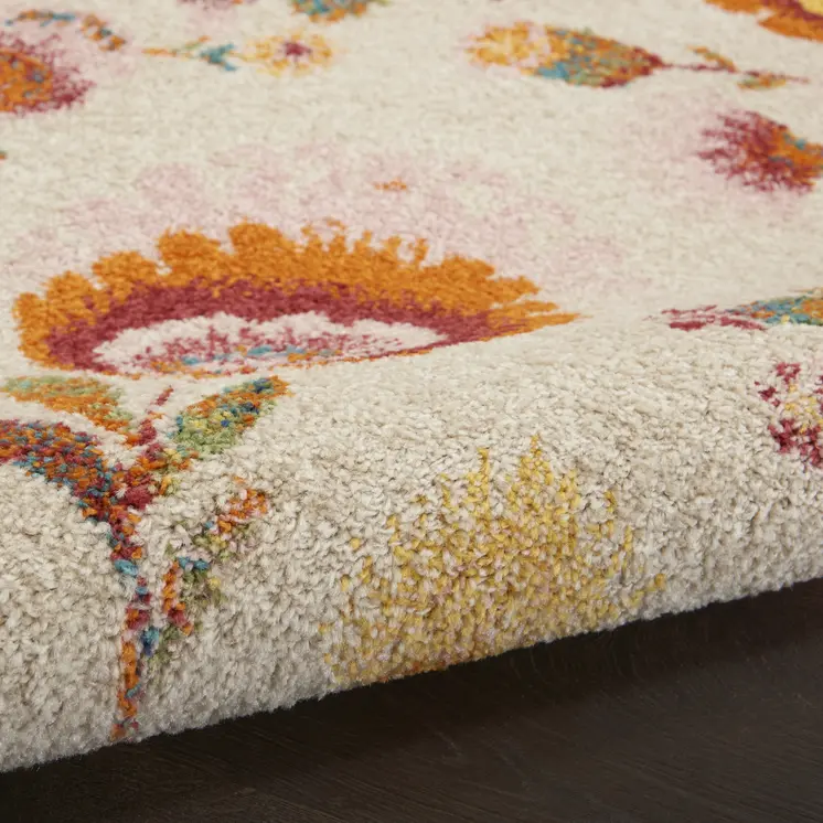 8' Cream Orange And Red Floral Runner Rug