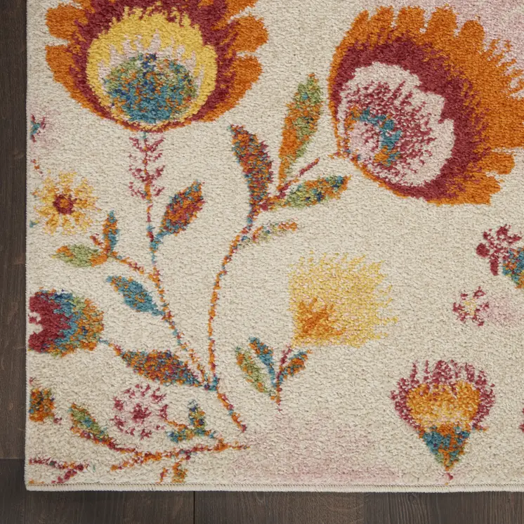 8' Orange And Ivory Floral Runner Rug