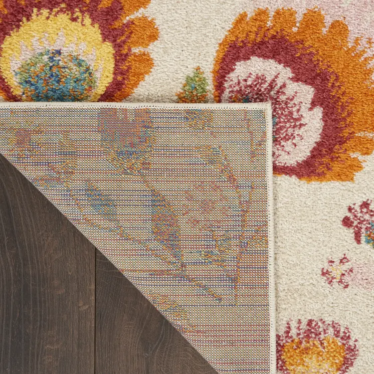 8' Orange And Ivory Floral Runner Rug
