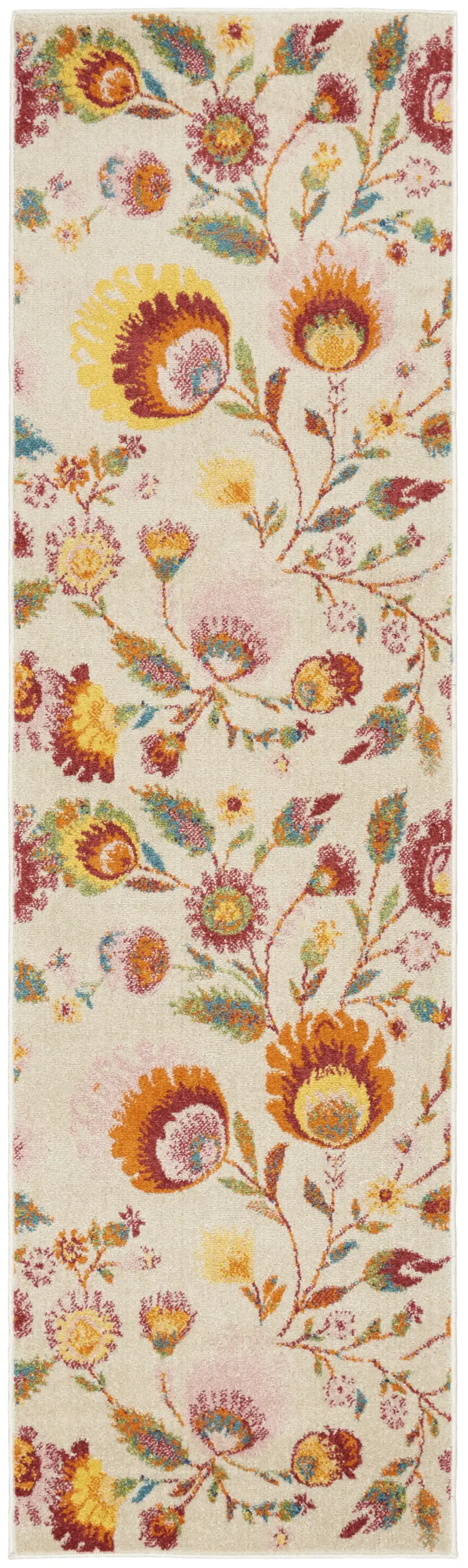 8' Cream Orange And Red Floral Runner Rug