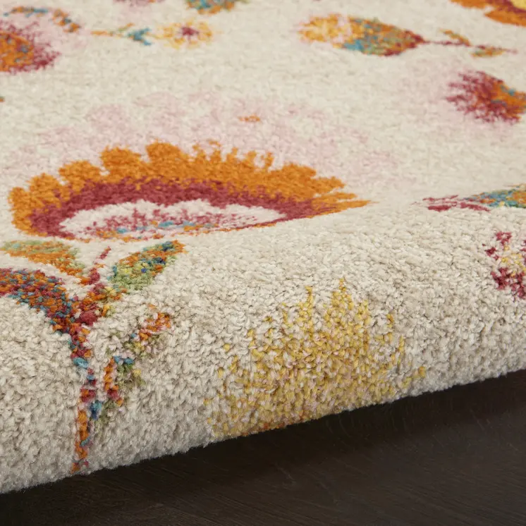 8' Orange And Ivory Floral Runner Rug