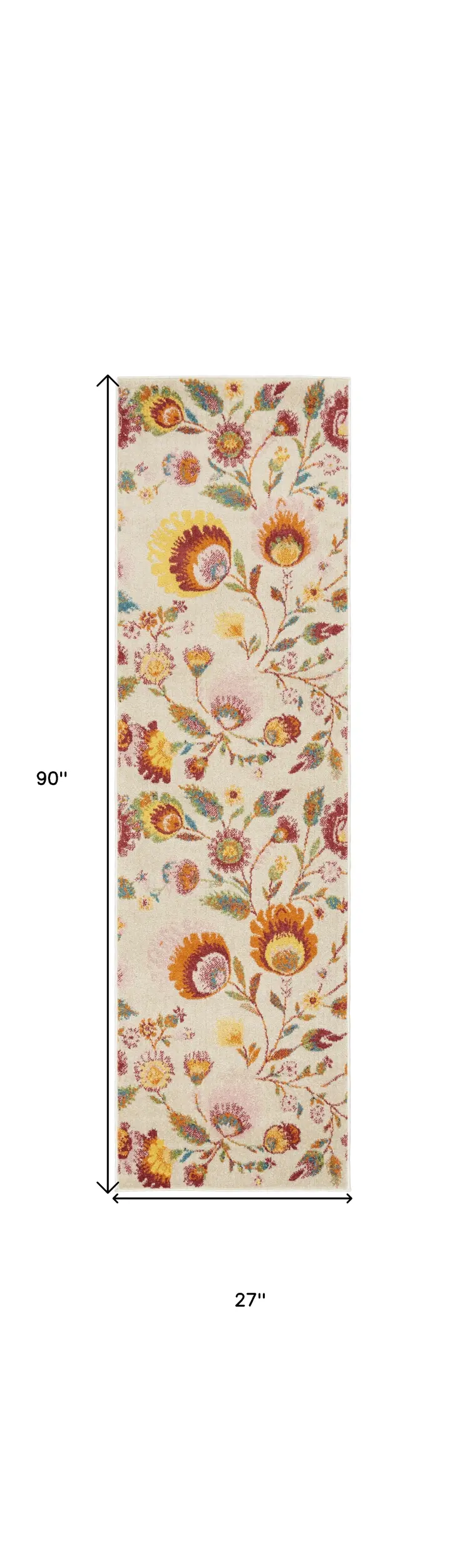 8' Orange And Ivory Floral Runner Rug
