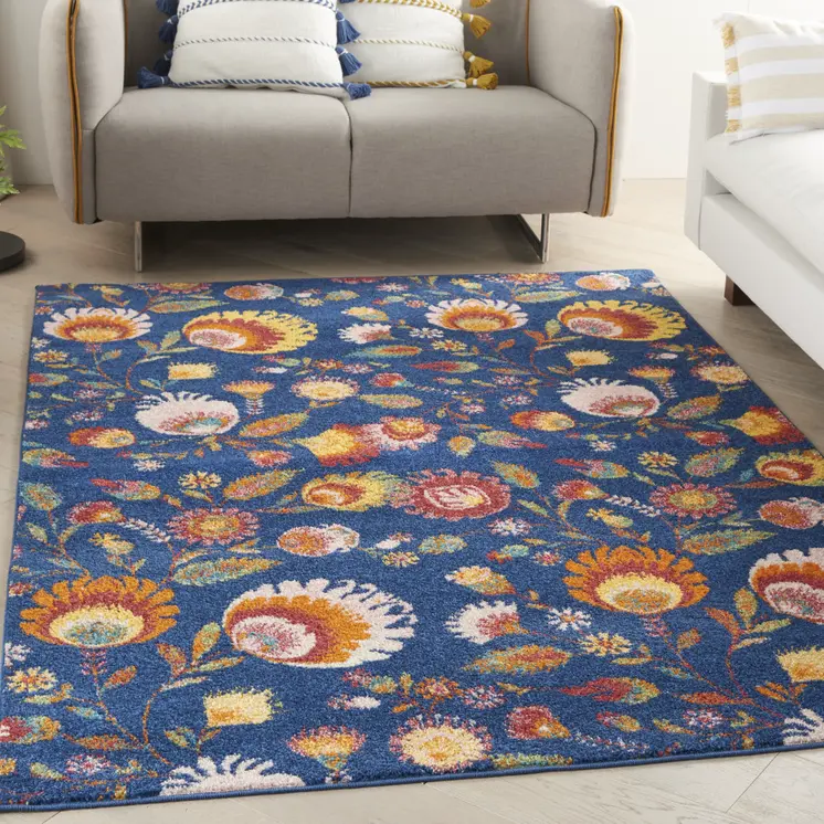 4' X 6' Orange Red And Blue Floral Area Rug