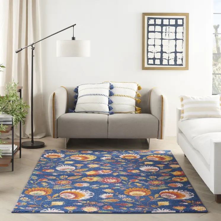 4' X 6' Orange Red And Blue Floral Area Rug