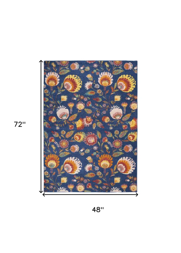 4' X 6' Blue and Orange Floral Power Loom Area Rug