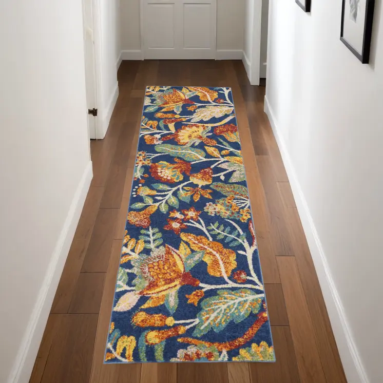 8' Blue And Yellow Floral Runner Rug