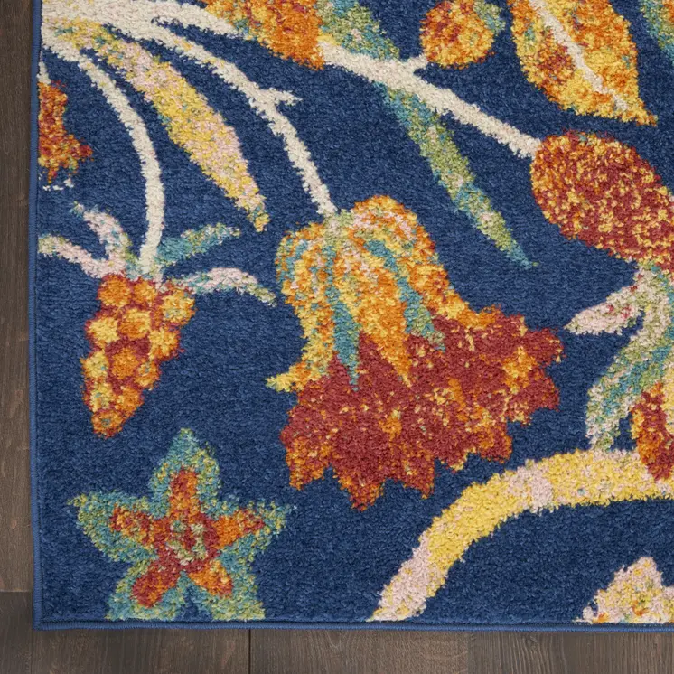 8' Blue And Yellow Floral Runner Rug