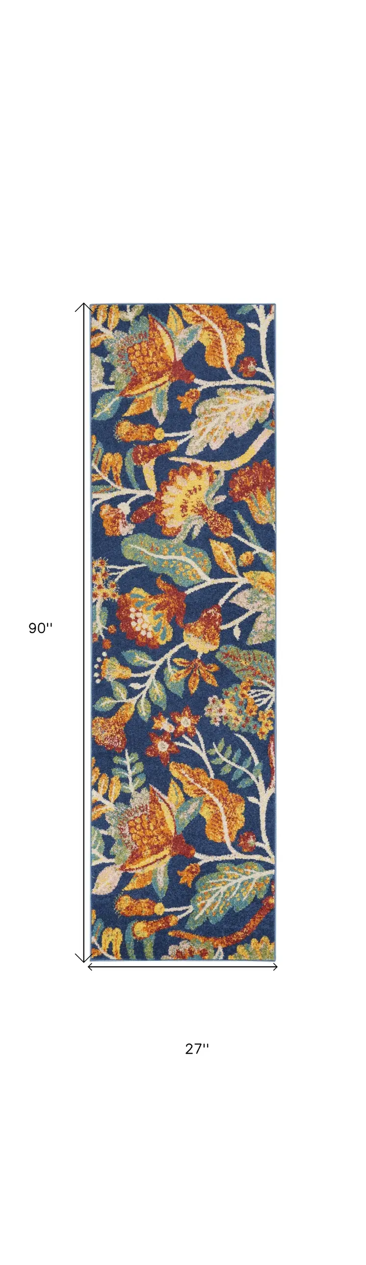 8' Blue And Yellow Floral Runner Rug