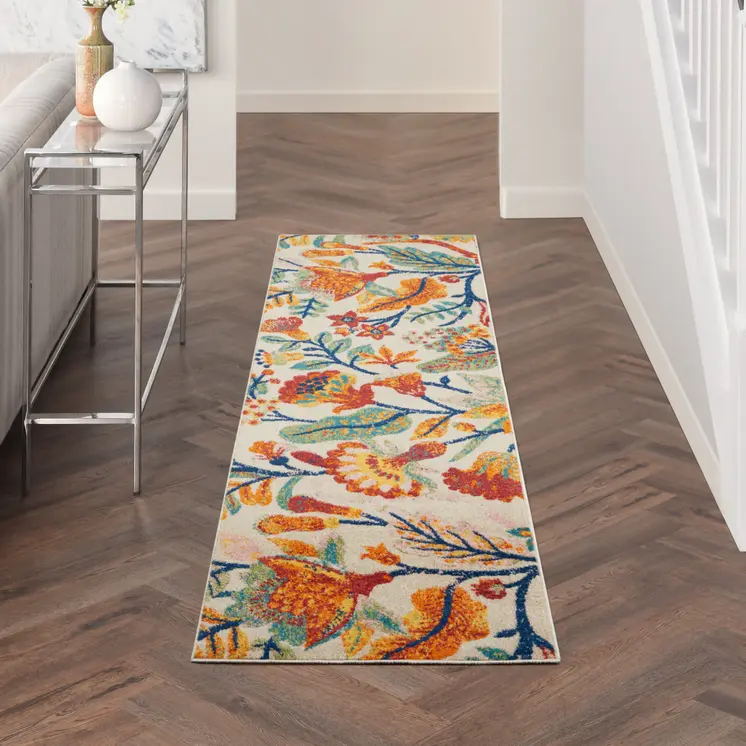 8' Orange And Ivory Floral Runner Rug