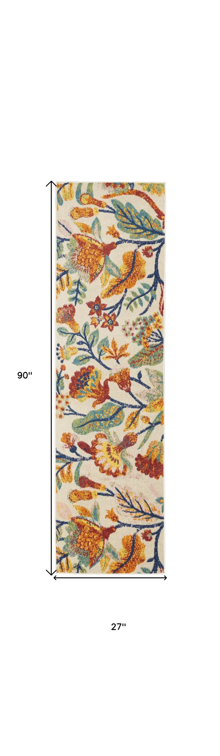 8' Orange And Ivory Floral Runner Rug