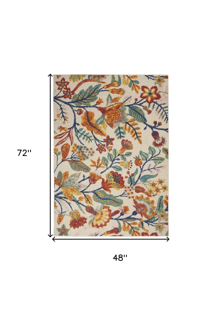 4' X 6' Orange and Ivory Floral Power Loom Area Rug