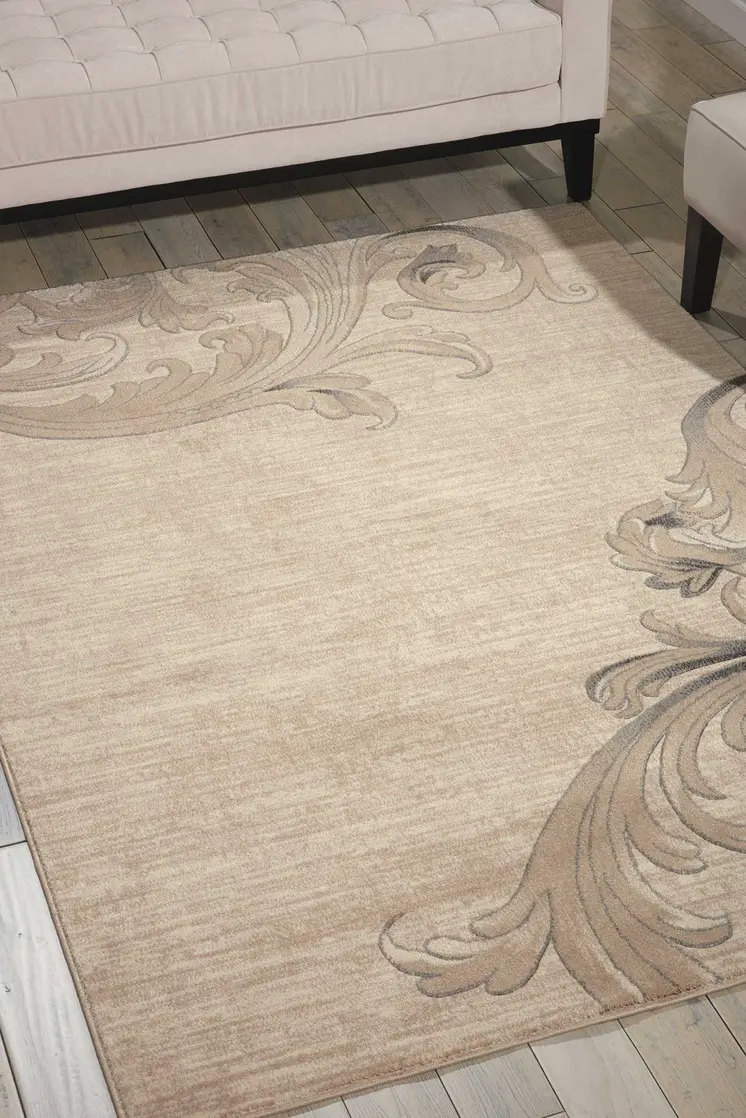 4' X 6' Tan Black and Ivory Damask Area Rug