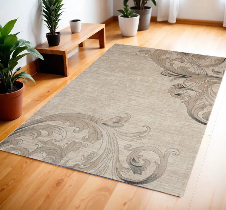 4' X 6' Tan Black and Ivory Damask Area Rug
