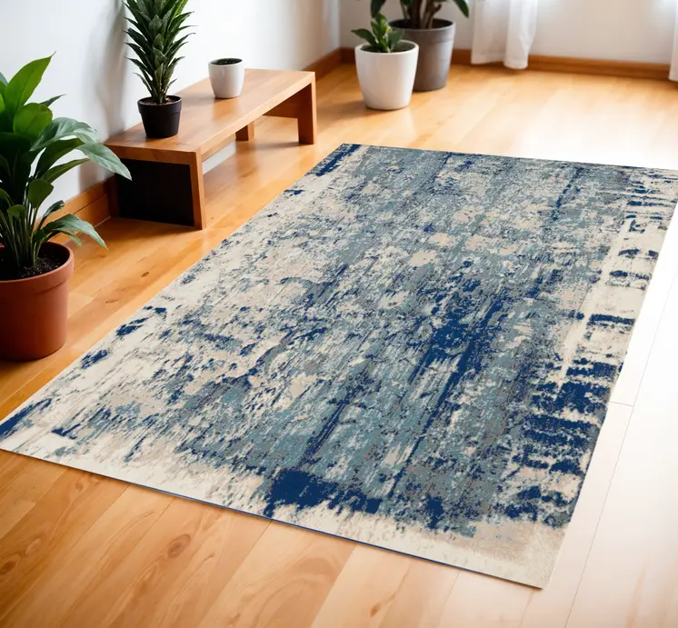 4' X 6' Ivory Blue and Slate Gray Abstract Area Rug