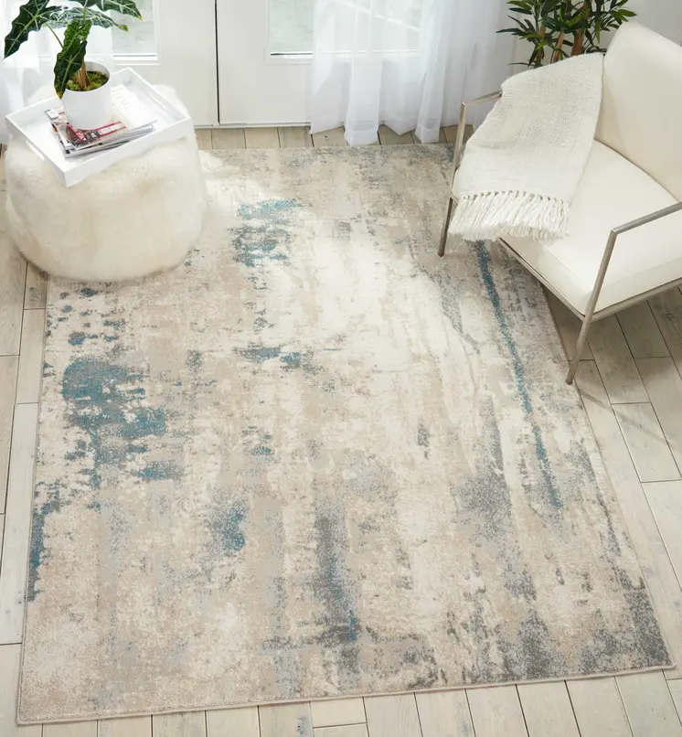 4' X 6' Ivory and Teal Blue Abstract Area Rug