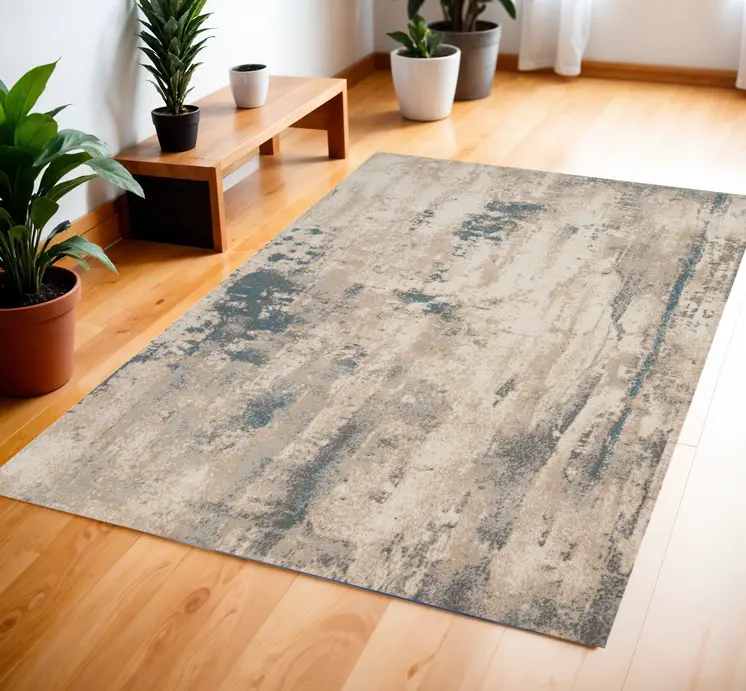 4' X 6' Ivory and Teal Blue Abstract Area Rug