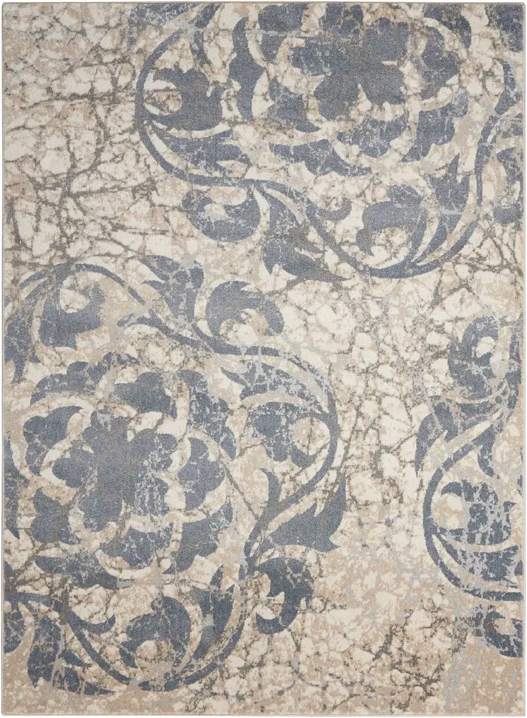 4' X 6' Ivory Tan and Slate Gray Floral Distressed Area Rug